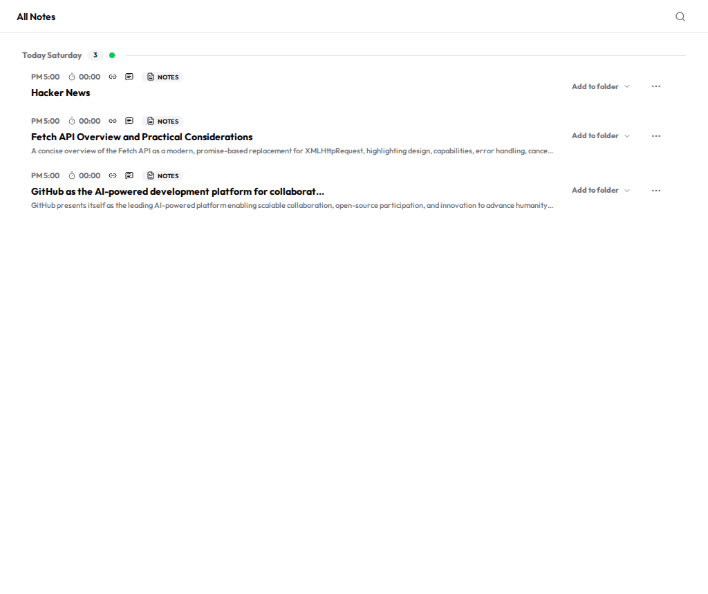 Three clipped web pages in the Telli.sh All Notes list — Hacker News, an article about the Fetch API, and GitHub — each with a one-line AI summary under its title
