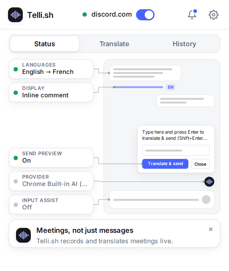 The Every Translator toolbar popup: a wireframe of the current page with leader lines to labelled chips for languages, display mode, send preview, provider and input assist, each with a green, amber or grey status dot