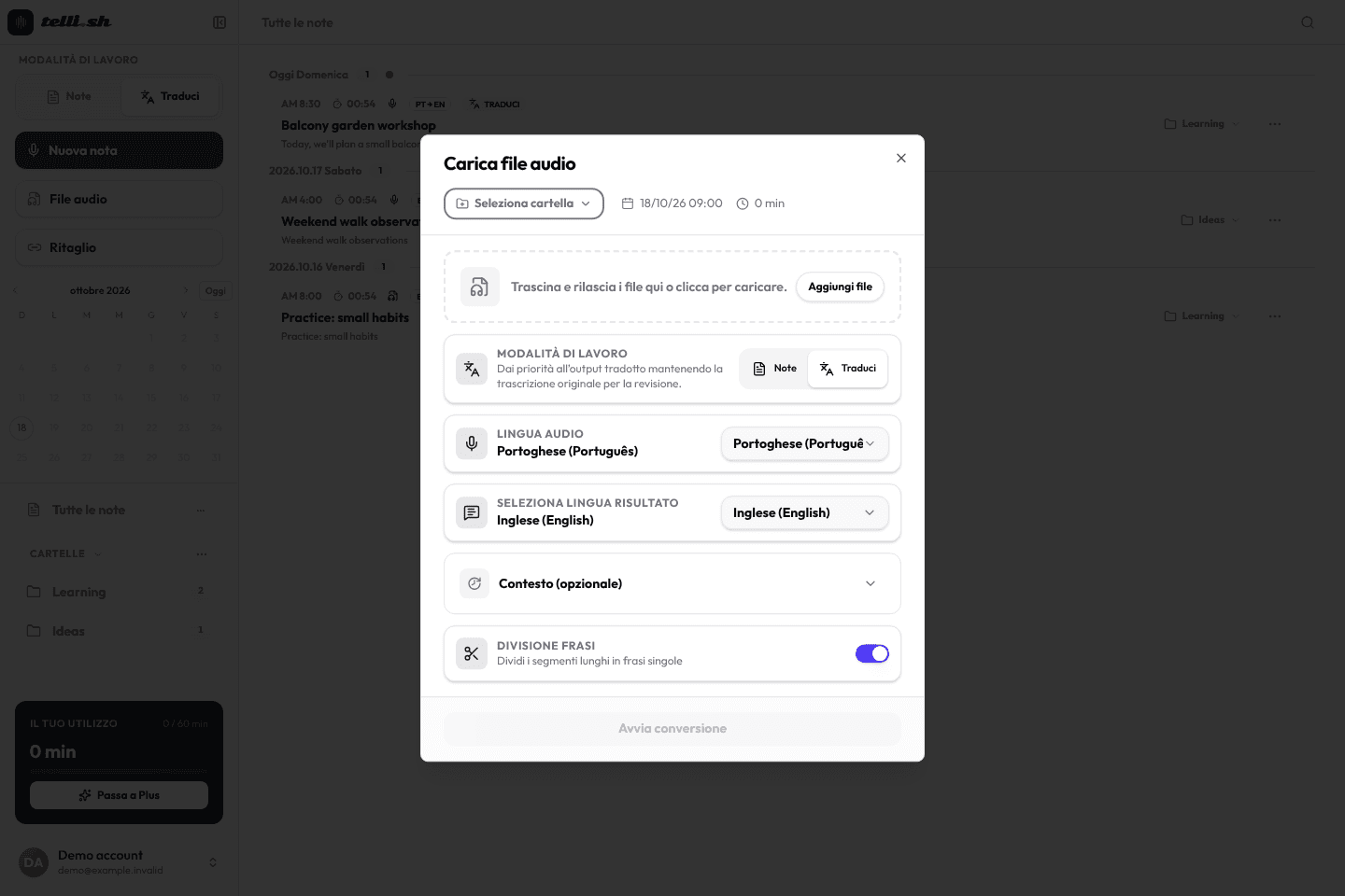 Carica file audio