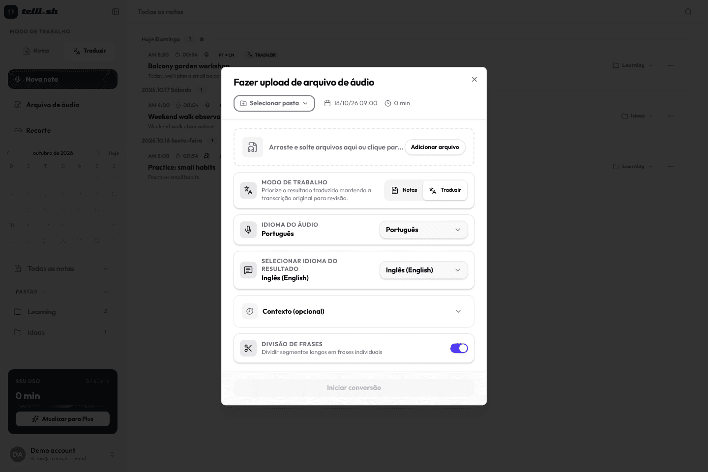Fazer upload de arquivo de áudio