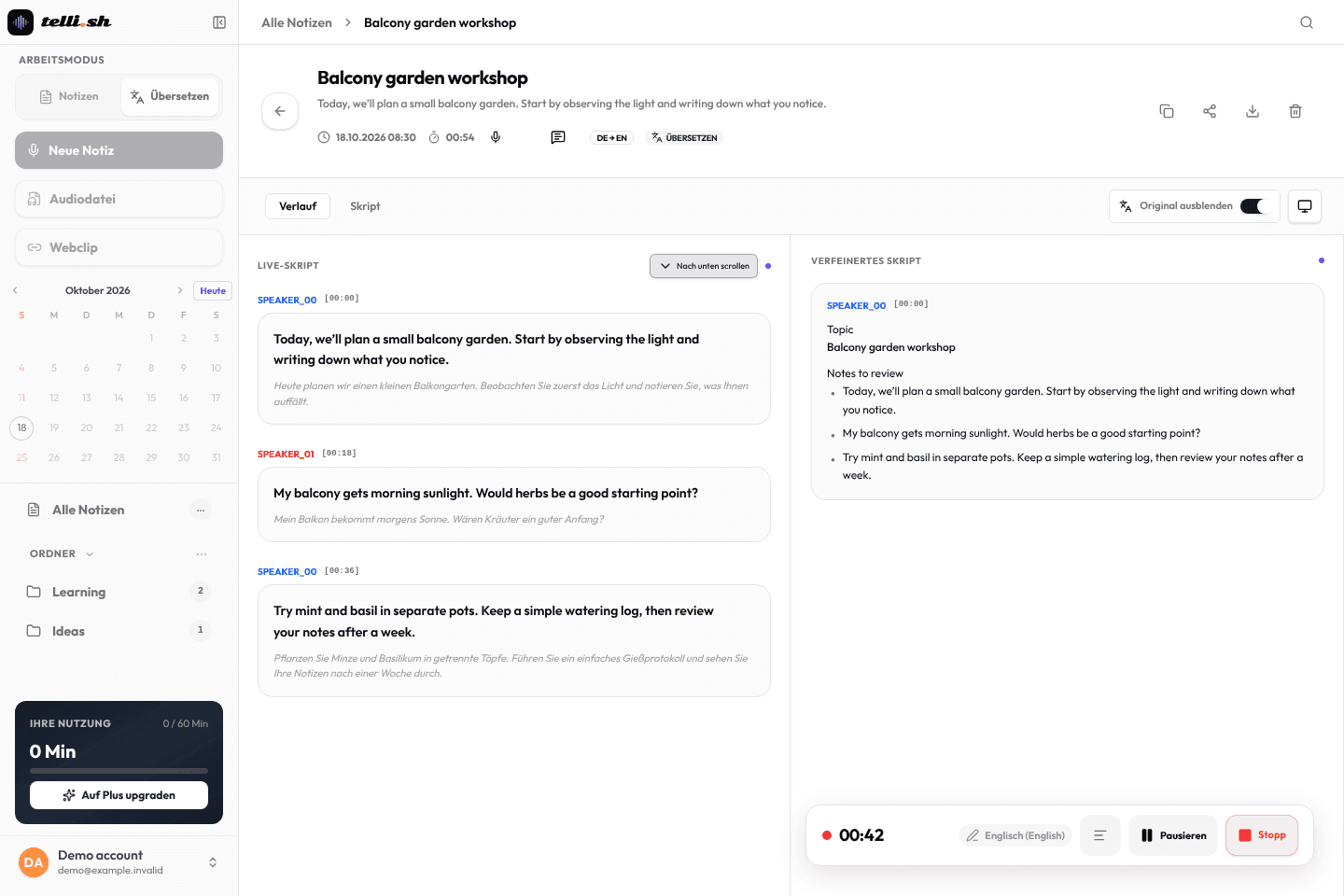 Telli.sh während der Aufnahme: Das Live-Skript zeigt jeden Satz nach Sprecher mit Übersetzung, das bereinigte Skript listet bereits Thema und Notizen zum Nachlesen.