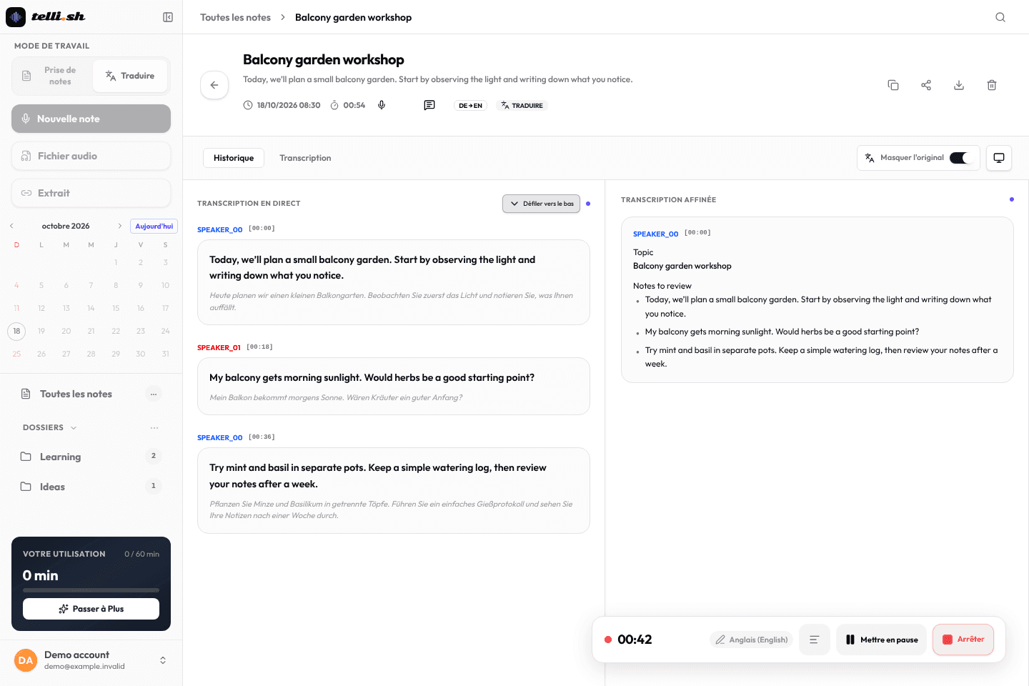 Telli.sh pendant l’enregistrement : le script en direct affiche chaque phrase par intervenant avec sa traduction, et le script affiné liste déjà le sujet et les notes à revoir.