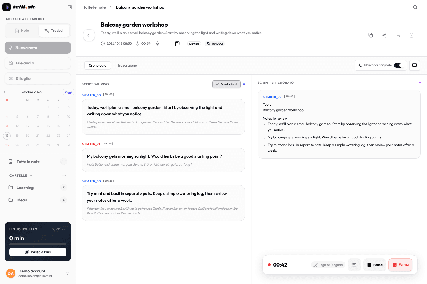 Telli.sh durante la registrazione: lo script dal vivo mostra ogni frase per parlante con la sua traduzione, e lo script rifinito elenca già l’argomento e gli appunti da rivedere.