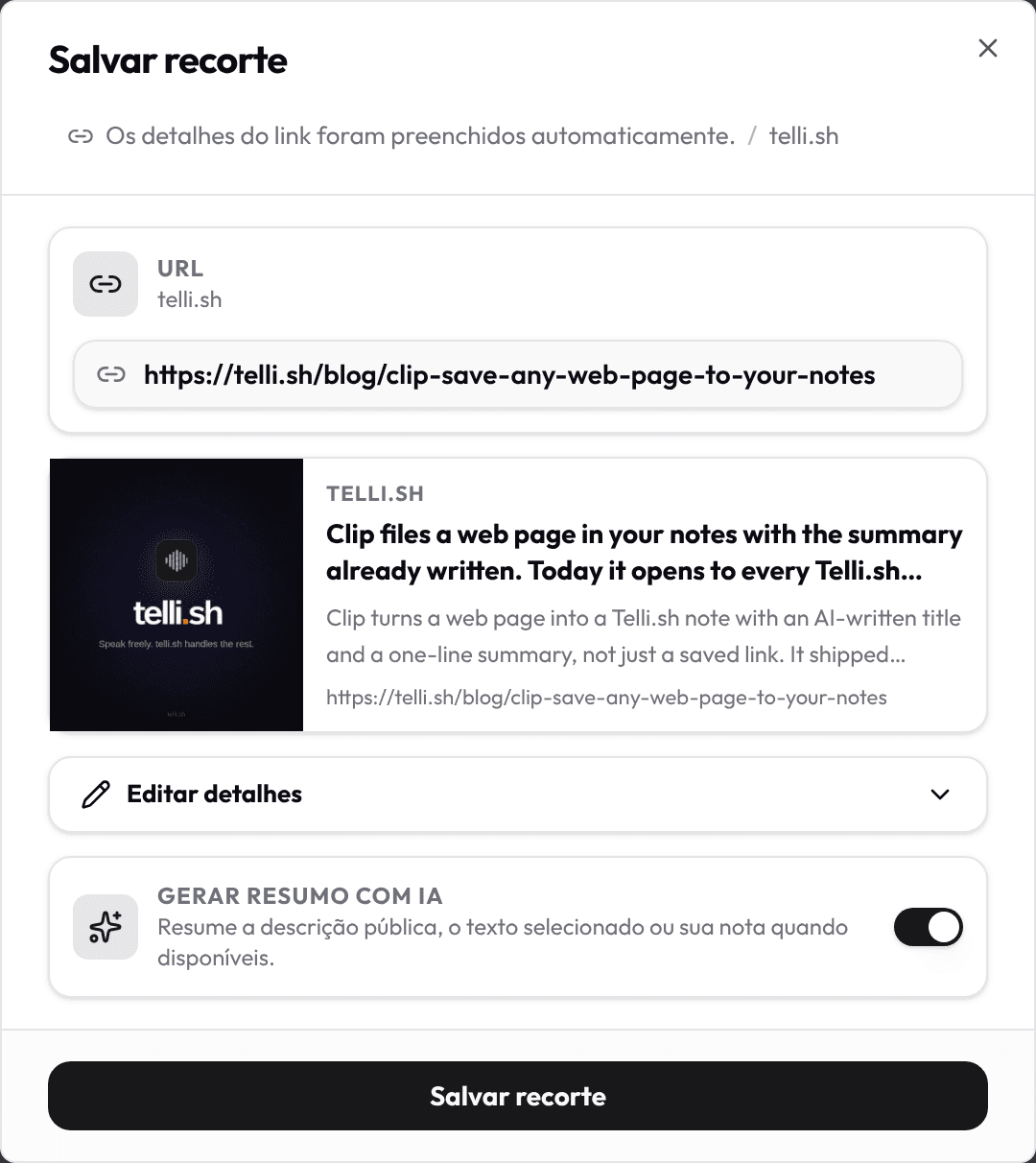 Salve também páginas da web como notas.