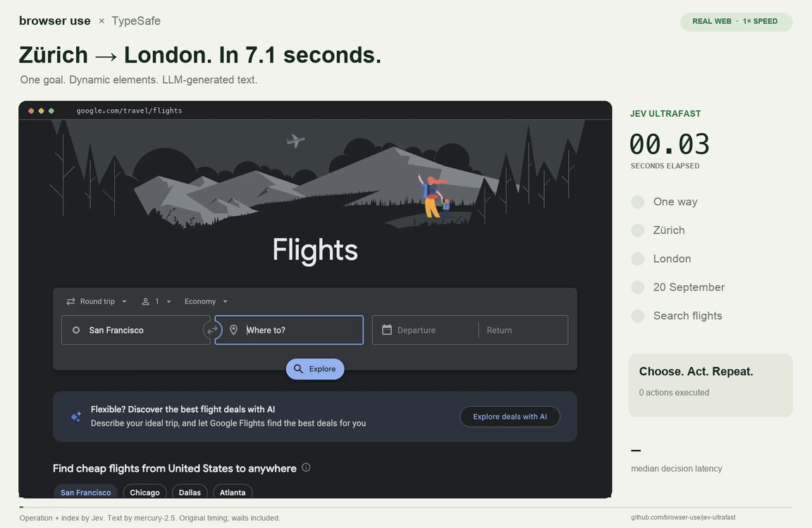 Browser Use's recorded Jev-driven Google Flights search from Zurich to London