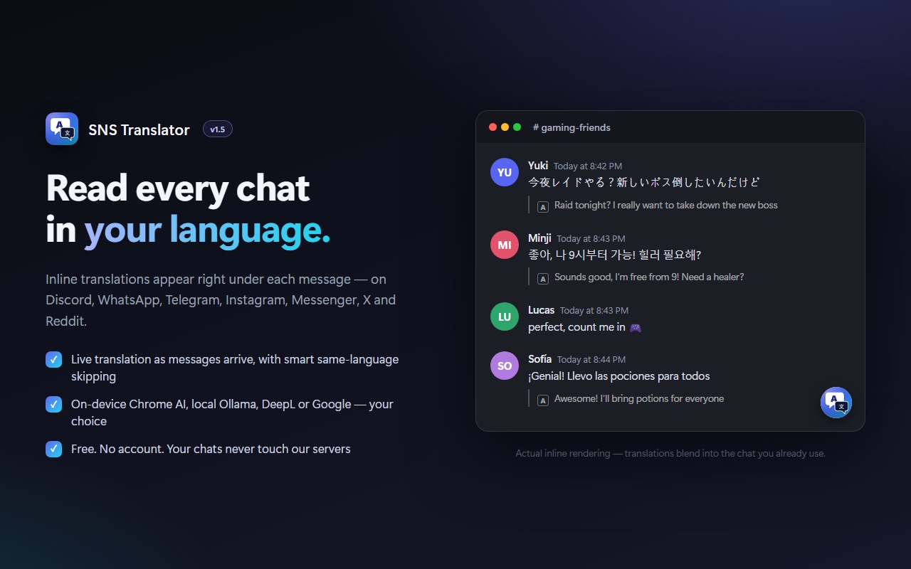 Telli.sh: Every Translator showing translated text beside the original in a social conversation