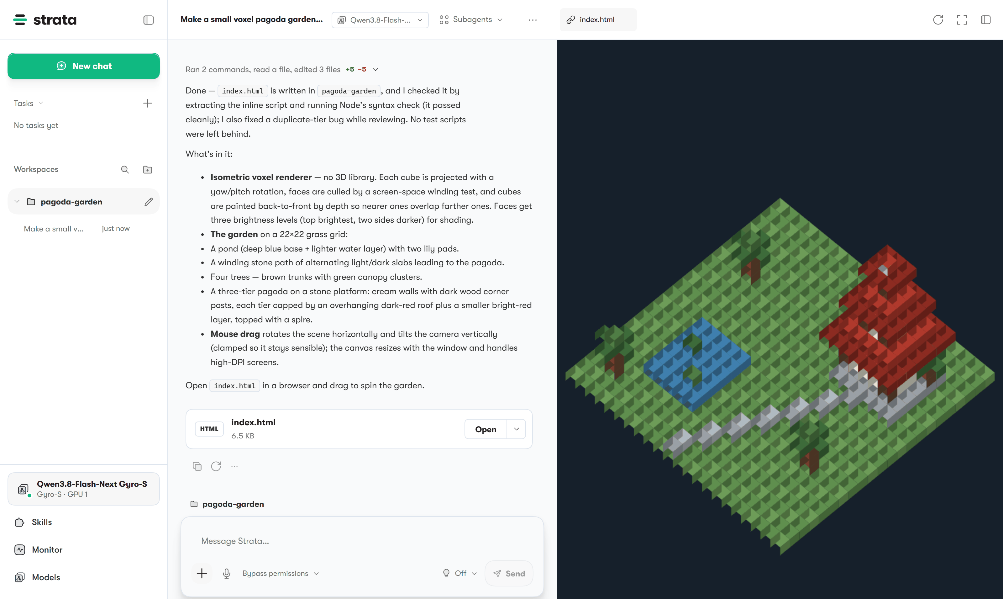 Tangkapan layar resmi aplikasi Strata menampilkan percakapan pemrograman di samping pratinjau taman pagoda voxel yang dihasilkan.